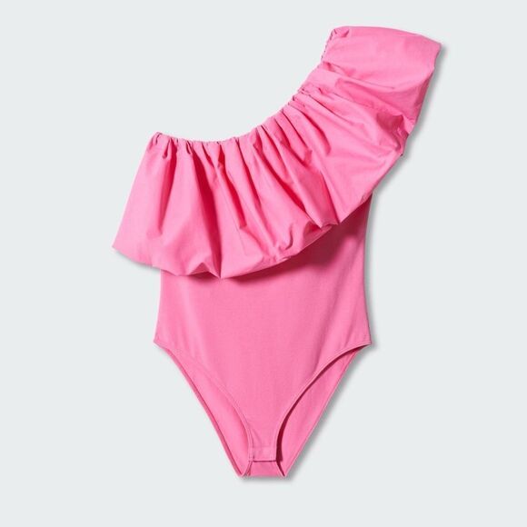 Mango pink asymmetric bodysuit with voluminous ruffle - Picture 7 of 8